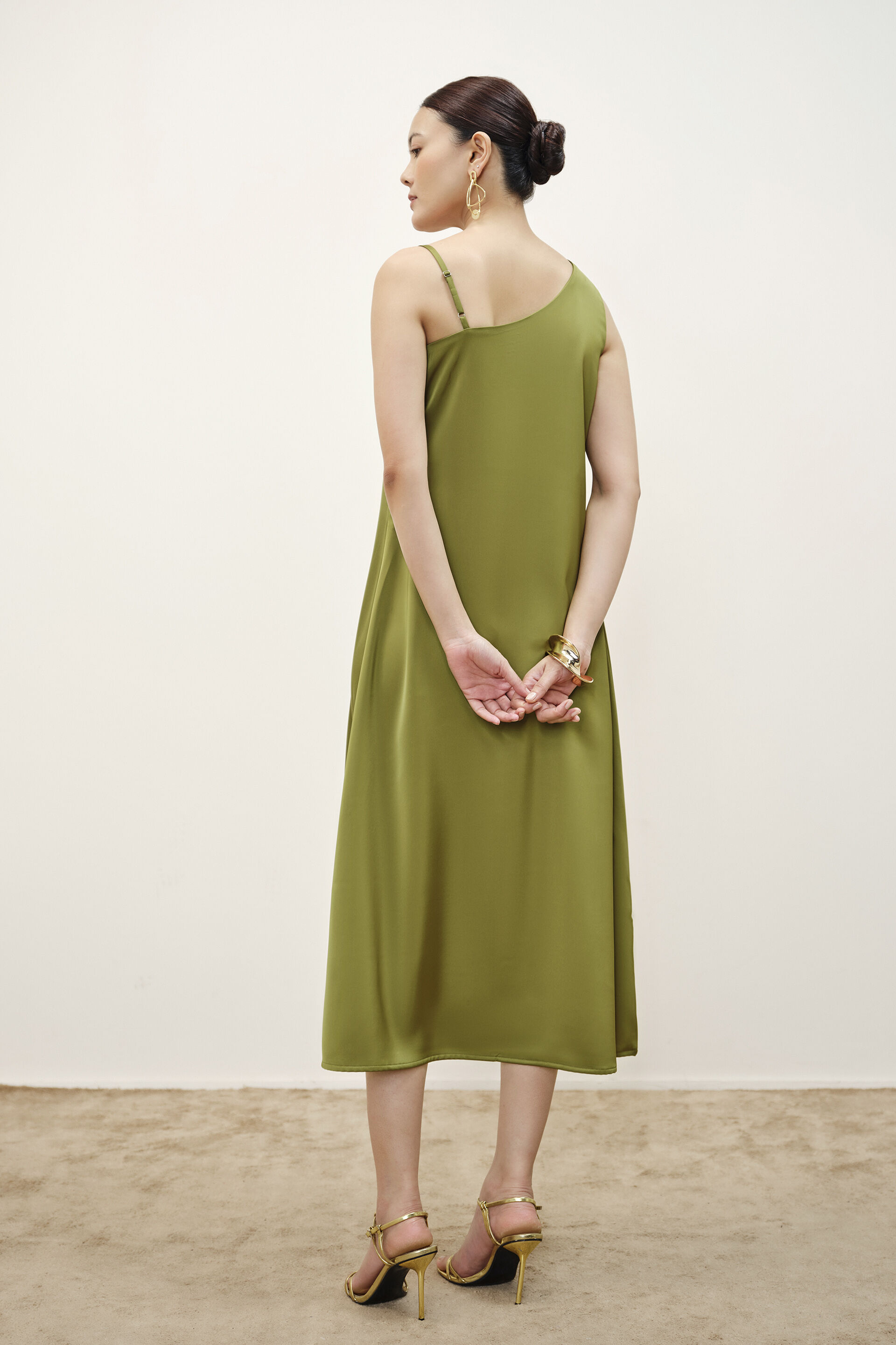 Olive One-Shoulder Satin Dress, Olive, image 5